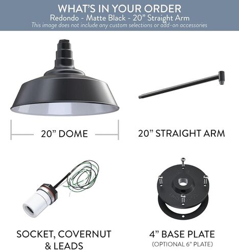 شركة Steel Lighting Co. مصابيح حظيرة خارجية كبيرة | تجهيزات إضاءة المرآب | صنع في أمريكا من الفولاذ عيار 18 | قبة مقاس 20 بوصة | ذراع مستقيم مقاس 20 بوصة من الخارج باللون الأسود غير اللامع/الداخل باللون الأبيض in Kuwait