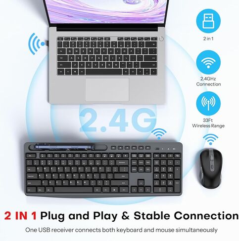 مجموعة لوحة مفاتيح وماوس لاسلكية، لوحة مفاتيح صامتة كاملة الحجم 2.4G مع فتحة حامل الهاتف، 3 مستويات DPI وماوس نقر هادئ، ماوس لوحة مفاتيح لاسلكية مريحة من OMOTON للكمبيوتر/الكمبيوتر المحمول/ويندوز (أسود رمادي) in Saudi Arabia