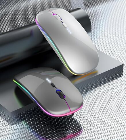 ماوس لاسلكي قابل لإعادة الشحن، ماوس كمبيوتر محمول بلوتوث، فأرة كمبيوتر محمولة RGB LED تعرض استخدام فئران الكمبيوتر (BT5.2 أو 2.4G) اتصال مزدوج الوضع ماوس نحيف صامت لأجهزة الكمبيوتر المحمول اللوحية/الماك بوك/الكمبيوتر الشخصي/الهاتف فضي in Kuwait