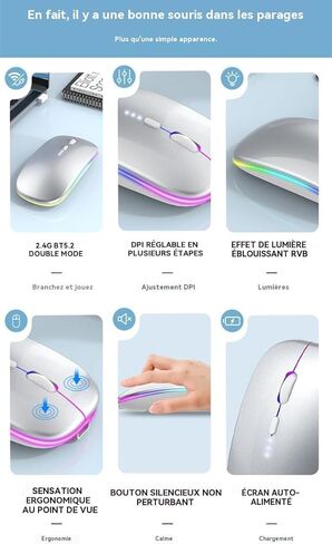 ماوس لاسلكي قابل لإعادة الشحن، ماوس كمبيوتر محمول بلوتوث، فأرة كمبيوتر محمولة RGB LED تعرض استخدام فئران الكمبيوتر (BT5.2 أو 2.4G) اتصال مزدوج الوضع ماوس نحيف صامت لأجهزة الكمبيوتر المحمول اللوحية/الماك بوك/الكمبيوتر الشخصي/الهاتف فضي in Kuwait
