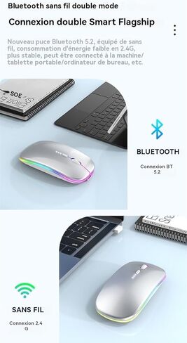 ماوس لاسلكي قابل لإعادة الشحن، ماوس كمبيوتر محمول بلوتوث، فأرة كمبيوتر محمولة RGB LED تعرض استخدام فئران الكمبيوتر (BT5.2 أو 2.4G) اتصال مزدوج الوضع ماوس نحيف صامت لأجهزة الكمبيوتر المحمول اللوحية/الماك بوك/الكمبيوتر الشخصي/الهاتف فضي in Kuwait