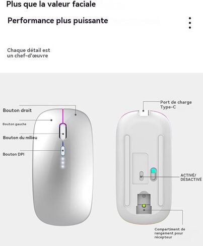 ماوس لاسلكي قابل لإعادة الشحن، ماوس كمبيوتر محمول بلوتوث، فأرة كمبيوتر محمولة RGB LED تعرض استخدام فئران الكمبيوتر (BT5.2 أو 2.4G) اتصال مزدوج الوضع ماوس نحيف صامت لأجهزة الكمبيوتر المحمول اللوحية/الماك بوك/الكمبيوتر الشخصي/الهاتف فضي in Kuwait