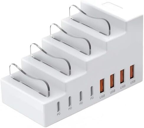 محور شحن USB ذو 8 منافذ مع 4 منافذ USB، 4 منافذ pd، حامل هاتف 2 في 1، مزود بمنافذ شحن متعددة، مضاد للانزلاق ومدير سطح مكتب ثابت (أبيض) in Kuwait
