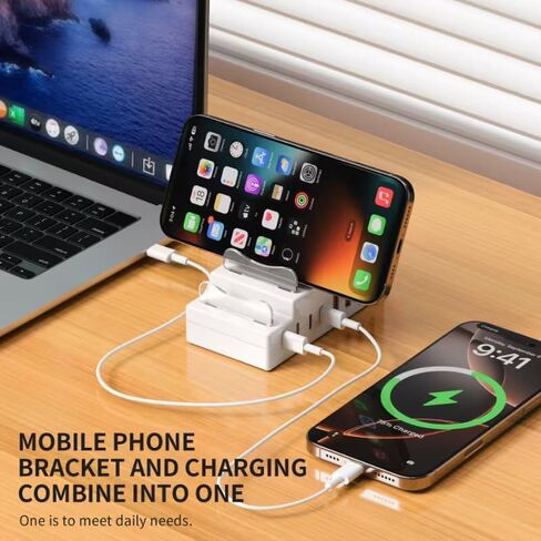محور شحن USB ذو 8 منافذ مع 4 منافذ USB، 4 منافذ pd، حامل هاتف 2 في 1، مزود بمنافذ شحن متعددة، مضاد للانزلاق ومدير سطح مكتب ثابت (أبيض) in Kuwait