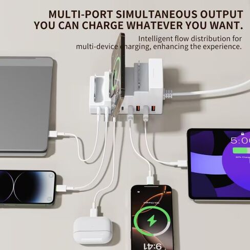 محور شحن USB ذو 8 منافذ مع 4 منافذ USB، 4 منافذ pd، حامل هاتف 2 في 1، مزود بمنافذ شحن متعددة، مضاد للانزلاق ومدير سطح مكتب ثابت (أبيض) in Kuwait