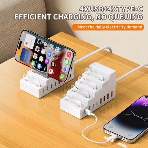 محور شحن USB ذو 8 منافذ مع 4 منافذ USB، 4 منافذ pd، حامل هاتف 2 في 1، مزود بمنافذ شحن متعددة، مضاد للانزلاق ومدير سطح مكتب ثابت (أبيض) in Kuwait