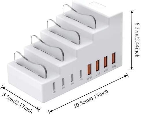 محور شحن USB ذو 8 منافذ مع 4 منافذ USB، 4 منافذ pd، حامل هاتف 2 في 1، مزود بمنافذ شحن متعددة، مضاد للانزلاق ومدير سطح مكتب ثابت (أبيض) in Kuwait
