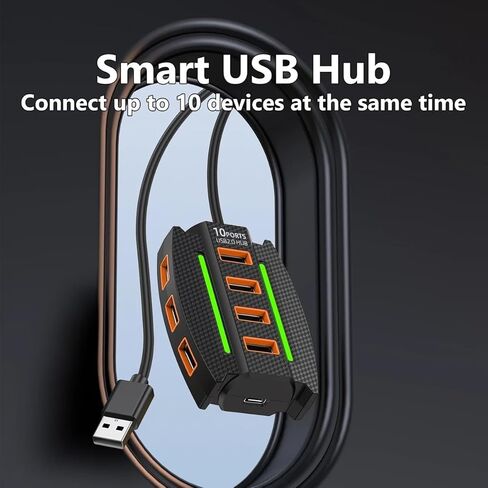 1 قطعة محور USB 2.0 عالي السرعة 10 منافذ مع أضواء RGB، مقسم متعدد الأجهزة ونقل البيانات، التوصيل والتشغيل، أقصى جهد تشغيل 36 فولت، لملحقات الكمبيوتر in Kuwait