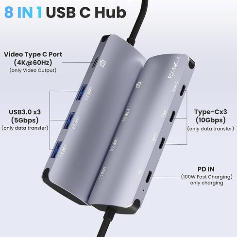 8 in 1 USB C Hub 10Gbps, USB C Splitter with 4K@60Hz Video Output, 100W PD Charging & Data Transfer, Multiport USB C Adapter for MacBook Pro/Air, iPad Pro, More USB C Devices in Kuwait