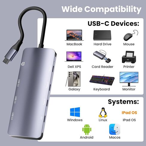 8 in 1 USB C Hub 10Gbps, USB C Splitter with 4K@60Hz Video Output, 100W PD Charging & Data Transfer, Multiport USB C Adapter for MacBook Pro/Air, iPad Pro, More USB C Devices in Kuwait