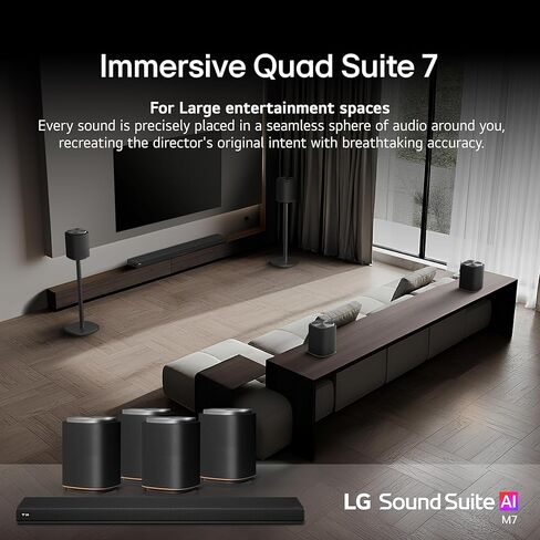 حزمة LG Sound Suite Immersive Quad Suite 7 اللاسلكية| ساوند بار H7 + 4X M7 مكبرات صوت دولبي أتموس اللاسلكية | 13.1.7 Ch FlexConnect، معالج α11 AI وصوت متميز (موديل 2026 الجديد) in Kuwait