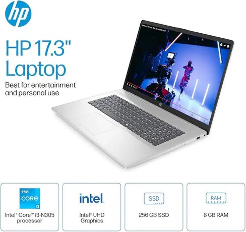 كمبيوتر محمول HP 17.3 بوصة HD+، Intel 8-Core i3-N305، ذاكرة وصول عشوائي 8 جيجابايت، 256 جيجابايت SSD، لوحة أرقام، USB-C، HDMI، Windows 11، Wi-Fi 6، شاشة كبيرة للمنزل والطلاب والمكتب واستخدام الويب والترفيه، والبث، وعمر بطارية طويل in Kuwait