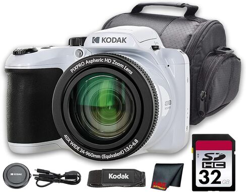 Kodak PIXPRO AZ405 Digital Camera (White) | 20MP Sensor, 40x Optical Zoom, 24mm Wide-Angle Lens & Optical Image Stabilization | Great for Travel & Everyday Photos (AZ405WH) + 32GB Card + Bag + Cloth in Kuwait