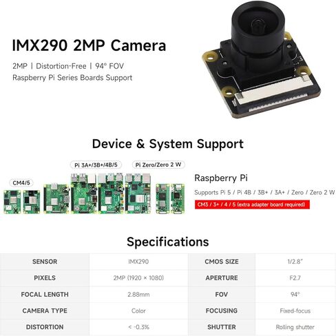 Waveshare IMX290 2MP Camera Module (A), IMX290 Sensor chip, Better Sensitivity in Low-Light Condition, Distortion-Free, Compatible with Raspberry Pi Series Boards in Kuwait