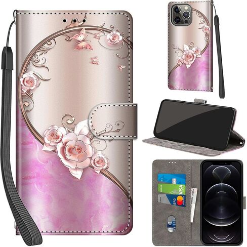 Case Wallet for iPhone 13 Pro Max, with [3 Card Slots], Kickstand Magnetic Closure PU Leather Shockproof Protective Flip Cover 6.7", Pink Rose in Saudi Arabia