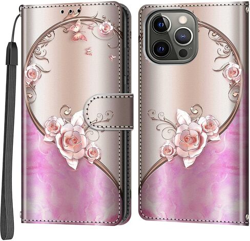 Case Wallet for iPhone 13 Pro Max, with [3 Card Slots], Kickstand Magnetic Closure PU Leather Shockproof Protective Flip Cover 6.7", Pink Rose in Saudi Arabia