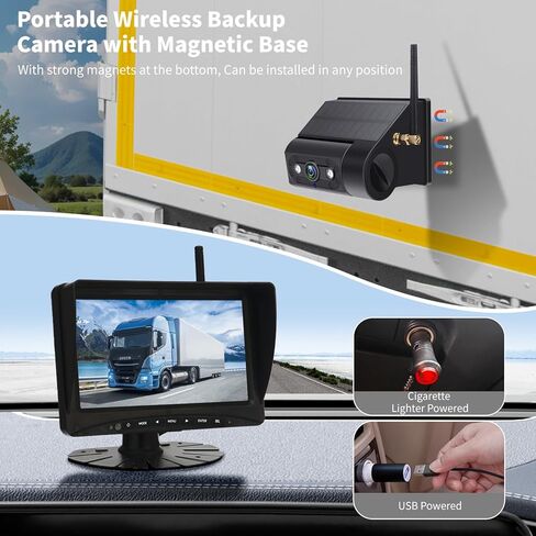 Solar Magnetic Wireless Backup Camera, 7 Inch Portable Installation RV Backup Camera, 1080P HD Rear View Camera, Rechargeable 7'' Monitor Kit for Car, IR Night Vision, 150° Wide Angle, DIY Guide Lines in Kuwait