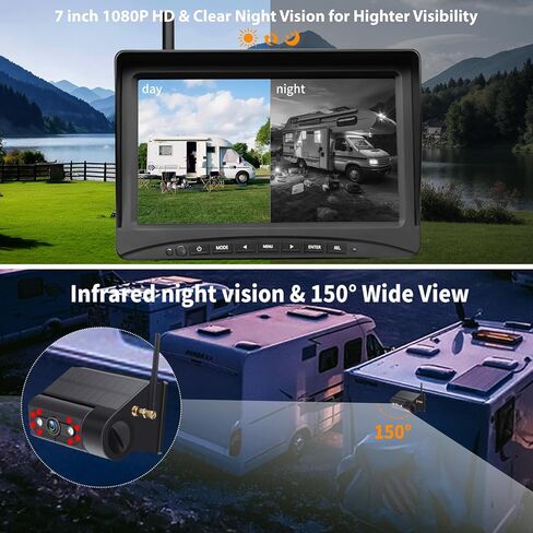 Solar Magnetic Wireless Backup Camera, 7 Inch Portable Installation RV Backup Camera, 1080P HD Rear View Camera, Rechargeable 7'' Monitor Kit for Car, IR Night Vision, 150° Wide Angle, DIY Guide Lines in Kuwait
