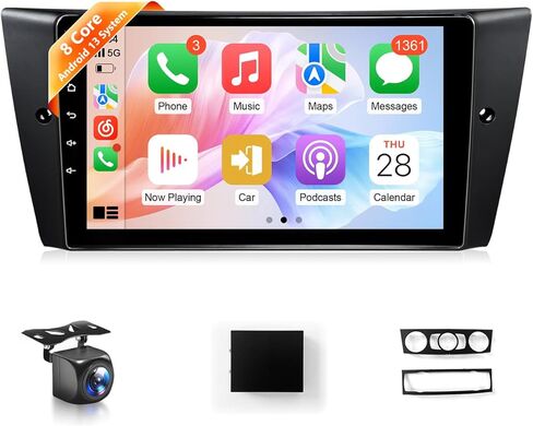 ستيريو لسيارات BMW 325i 328i 335i E90 E91 E92 E93 2005-2011 راديو مع CarPlay اللاسلكي وAndroid Auto، شاشة لمس IPS 9 بوصة لـ 328i Car Navigation GPS BT WiFi FM DSP RDS AUX SWC Carmera، بدون ألياف in Kuwait