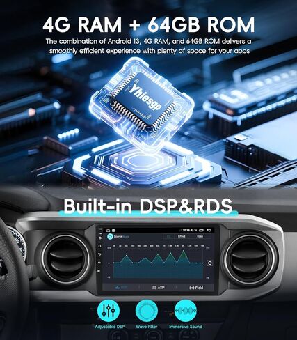 4G+64GB Car Radio Stereo for Toyota Tacoma 2016-2021, 10" Touch Screen Head Unit with Android 13/CarPlay/Android Auto/GPS Navigation/Bluetooth/FM/DSP Radio/AHD Backup Camera in Kuwait