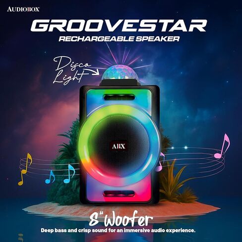 مكبر صوت بلوتوث محمول للحفلات مقاس 8 بوصات من AudioBox ABX-890R مع أضواء ديسكو LED بزاوية 360 درجة وميكروفون سلكي وUSB وAUX وتقنية WaveSync (TWS) in Kuwait