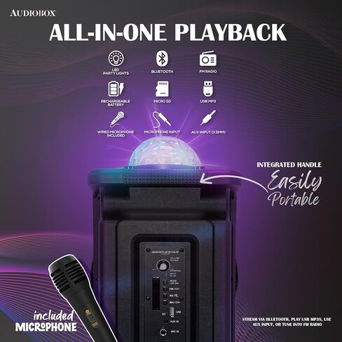 مكبر صوت بلوتوث محمول للحفلات مقاس 8 بوصات من AudioBox ABX-890R مع أضواء ديسكو LED بزاوية 360 درجة وميكروفون سلكي وUSB وAUX وتقنية WaveSync (TWS) in Kuwait