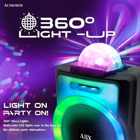 مكبر صوت بلوتوث محمول للحفلات مقاس 8 بوصات من AudioBox ABX-890R مع أضواء ديسكو LED بزاوية 360 درجة وميكروفون سلكي وUSB وAUX وتقنية WaveSync (TWS) in Kuwait