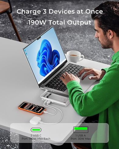 TALIX 190W 20000mAh Portable Charger,3-Port USB-C Fast Charging Power Bank Battery Pack with Built-in Retractable Cables for MacBook,Laptop,Computer,Cell Phones,iPhone 17,iPad,Android,Samsung,Silver in Kuwait