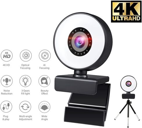 Webcam 4K Mini Web Camera for PC Computer Laptop with Microphone Auto Focus Light Video Webcam 1080P 2K Live Web Cam Accessories for Business Meetings (2k (with Tripod)) in Kuwait