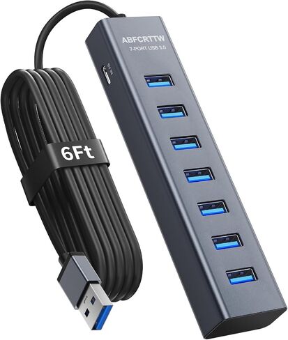 موزع USB 3.0 بطول 4 أقدام و7 منافذ لسطح المكتب - محور موسع USB من الألومنيوم بسرعة 5 جيجابت في الثانية، محول USB متعدد المنافذ، مقسم USB، كابل USB طويل لسطح المكتب، الكمبيوتر الشخصي، محرك أقراص فلاش، محرك الأقراص الصلبة المحمول، Windows/XPS، 1.2 متر in Kuwait