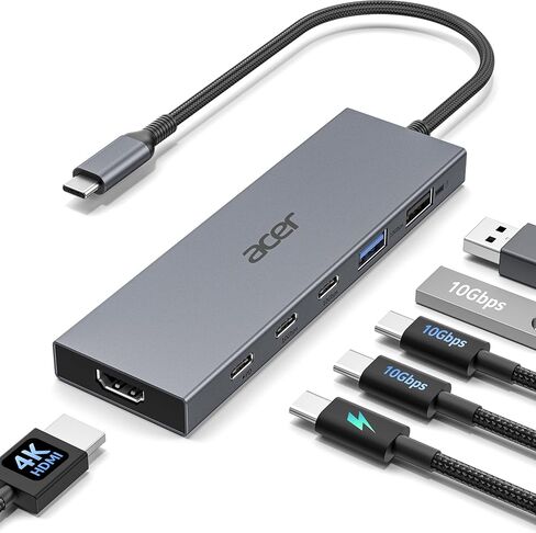 Acer 6-in-1 USB C Hub 10 جيجابت في الثانية، محول USB C إلى HDMI 4K@60 هرتز، 2×USB-C 3.2، 1×USB A 3.2، 1×USB 2.0 نقل البيانات، منفذ PD 100 وات، مقسم متعدد المنافذ من النوع C لأجهزة الكمبيوتر المحمول، MacBook Neo/Air/Pro، iPad Pro in Kuwait