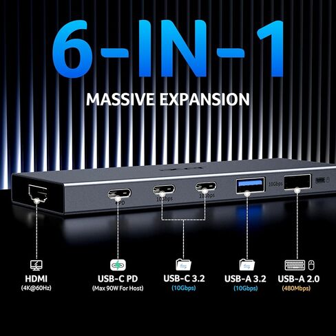 Acer 6-in-1 USB C Hub 10 جيجابت في الثانية، محول USB C إلى HDMI 4K@60 هرتز، 2×USB-C 3.2، 1×USB A 3.2، 1×USB 2.0 نقل البيانات، منفذ PD 100 وات، مقسم متعدد المنافذ من النوع C لأجهزة الكمبيوتر المحمول، MacBook Neo/Air/Pro، iPad Pro in Kuwait