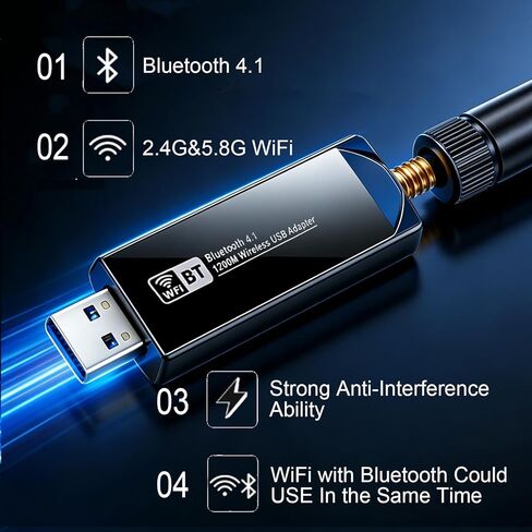 JAPOO USB WiFi Bluetooth Adapter for PC, AC1200 Dual Band WiFi Dongle with Bluetooth 4.2, USB 3.0 Wireless Network Adapter with 5dBi Antenna for Desktop Laptop, Windows 11/10 in Kuwait