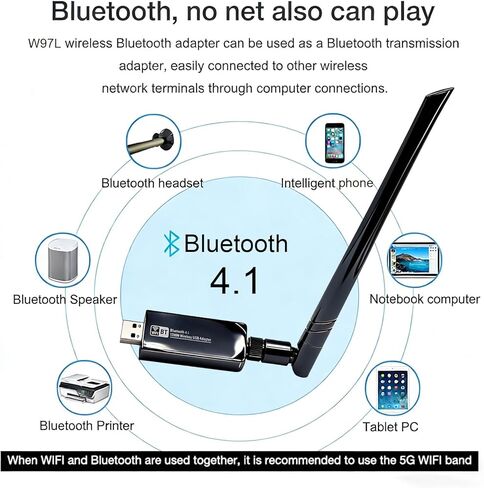 JAPOO USB WiFi Bluetooth Adapter for PC, AC1200 Dual Band WiFi Dongle with Bluetooth 4.2, USB 3.0 Wireless Network Adapter with 5dBi Antenna for Desktop Laptop, Windows 11/10 in Kuwait