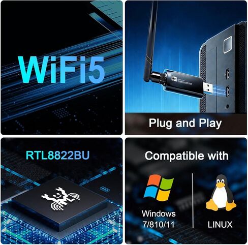 JAPOO USB WiFi Bluetooth Adapter for PC, AC1200 Dual Band WiFi Dongle with Bluetooth 4.2, USB 3.0 Wireless Network Adapter with 5dBi Antenna for Desktop Laptop, Windows 11/10 in Kuwait