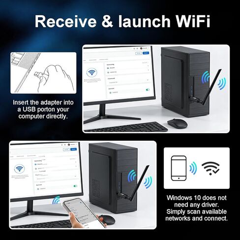 JAPOO USB WiFi Bluetooth Adapter for PC, AC1200 Dual Band WiFi Dongle with Bluetooth 4.2, USB 3.0 Wireless Network Adapter with 5dBi Antenna for Desktop Laptop, Windows 11/10 in Kuwait