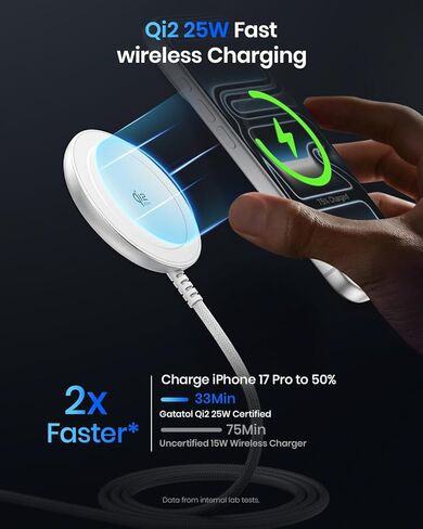 Magnetic Wireless Charger, 5FT Qi2 25W Fast Charging Pad Compatible with MagSafe for iPhone Air/17e/17/16/15/14/13/12/Pro/Pro Max Series & AirPods 4/3/2/Pro & More (MatteWhite) in Kuwait