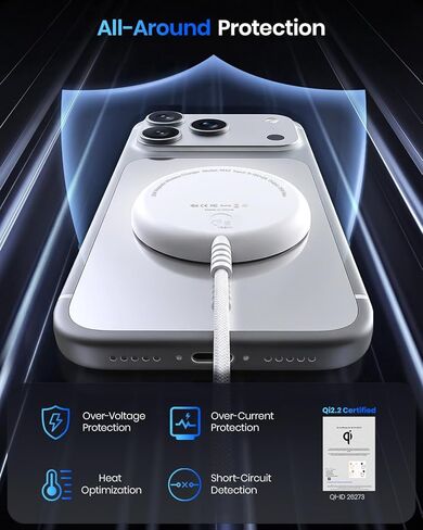 Magnetic Wireless Charger, 5FT Qi2 25W Fast Charging Pad Compatible with MagSafe for iPhone Air/17e/17/16/15/14/13/12/Pro/Pro Max Series & AirPods 4/3/2/Pro & More (MatteWhite) in Kuwait