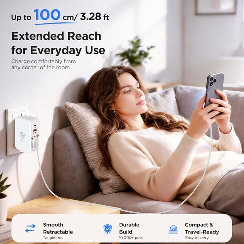Ultra-Compact 4-in-1 Retractable Wall Charger, Travel Charger with Built-in USB-C Cable & Charging Cable for Older iPhones, 35W Fast Charger for iPhone 17/16/15/14/13/12, iPad, Galaxy in Kuwait