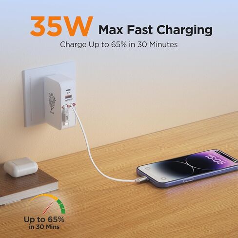 Ultra-Compact 4-in-1 Retractable Wall Charger, Travel Charger with Built-in USB-C Cable & Charging Cable for Older iPhones, 35W Fast Charger for iPhone 17/16/15/14/13/12, iPad, Galaxy in Kuwait