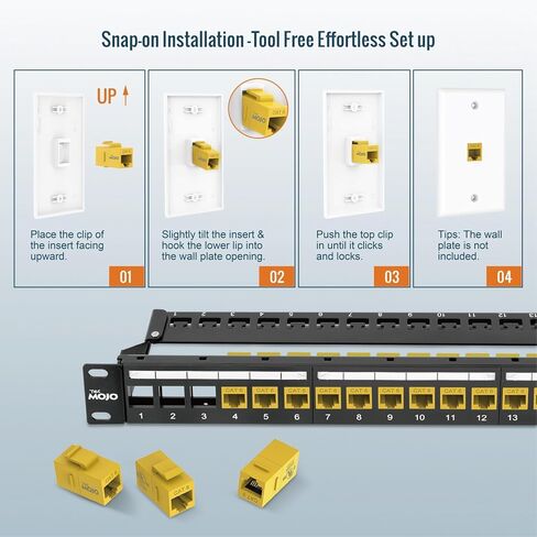 مقرنة Keystone Cat6 المدرجة من UL من Tecmojo، مقبس إيثرنت RJ45 بسرعة 1000 ميجابت في الثانية، أنثى إلى أنثى، تصميم نحيف للوحات التصحيح ولوحات الحائط، أصفر (25 حزمة) in Kuwait