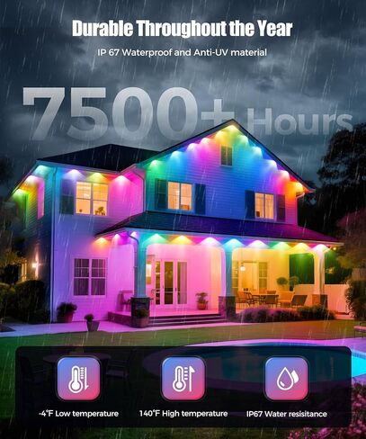 أضواء POOFZY الخارجية الدائمة للمنزل، 200 قدم RGB+IC ديكور خارجي ذكي، 50 وضعًا للمشهد، التطبيق/جهاز التحكم عن بعد، لعيد الميلاد، V-Day، عيد الشكر، ديكور الحفلات اليومية والعطلات in Kuwait