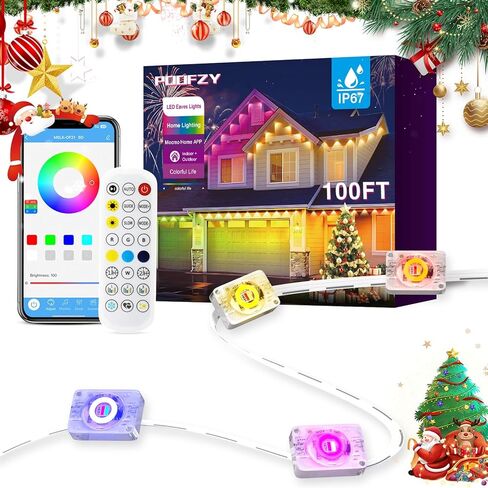 أضواء POOFZY الخارجية الدائمة للمنزل، 200 قدم RGB+IC ديكور خارجي ذكي، 50 وضعًا للمشهد، التطبيق/جهاز التحكم عن بعد، لعيد الميلاد، V-Day، عيد الشكر، ديكور الحفلات اليومية والعطلات in Kuwait
