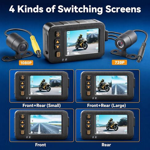 شاشة HD IPS مقاس 2 بوصة، أمامية 1080 بكسل وخلفية 720 بكسل، كاميرا قياس HDR+IP67 Waterpoorf مزدوجة القناة للدراجات النارية، مستشعر G، تسجيل حلقي، 4 شاشات تبديل، زاوية واسعة 150 درجة، كاميرا داش كام لجميع الدراجات النارية ورياضات السيارات in Kuwait