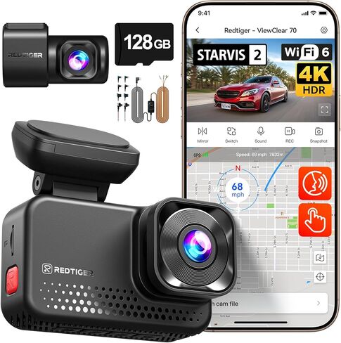 مجموعة أسلاك صلبة متعددة الحجم من REDTIGER VC70 & Acc، مستشعر STARVIS 2 IMX678 x Noctura™، وضوح فائق الوضوح الليلي المزدوج، 5.8 جيجا هرتز WiFi 6، تنزيل سريع 30 ميجابايت/ثانية، كاميرا داش مع شاشة انتظار 24 ساعة in Kuwait
