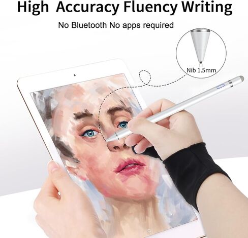 Active Stylus Digital Pen for Touch Screens, Rechargeable 1.5mm Fine Point Stylus Smart Pencil Compatible with Most Tablet with Glove (White), (E8910BT) in Kuwait