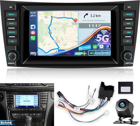 NHOPEEW Android Radio for Mercedes Benz E Class W211 E200, [2+64G] 7 inch IPS Touchscreen W211 Stereo - Wireless CarPlay & Android Auto, ASP, Custom Homepage, 5G/WiFi, GPS + Backup Camera + Canbus in Kuwait