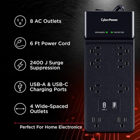 CyberPower CSP806UC18 Surge Protector, 2400J, 8 Outlets, 1 USB-A, 1 USB-C, 6 Foot Power Cord, Black, ETL in Kuwait