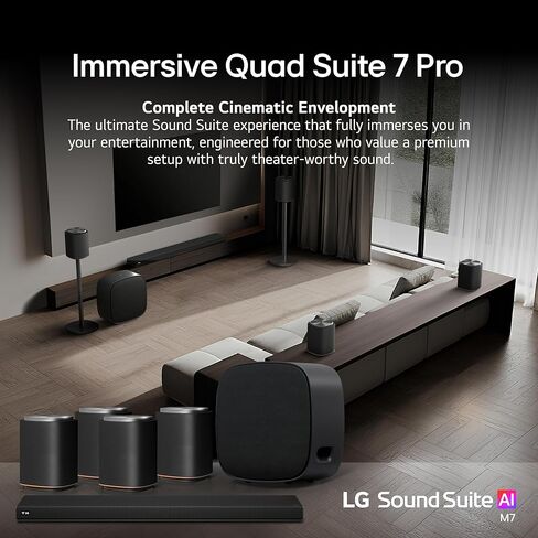 حزمة LG Sound Suite Immersive Quad Suite 7 Pro اللاسلكية | ساوند بار H7 + 4X M7 سماعات دولبي أتموس اللاسلكية + مضخم صوت لاسلكي W7| 13.1.7 قناة، Dolby Atmos FlexConnect Apple Airplay (موديل 2026 الجديد) in Kuwait