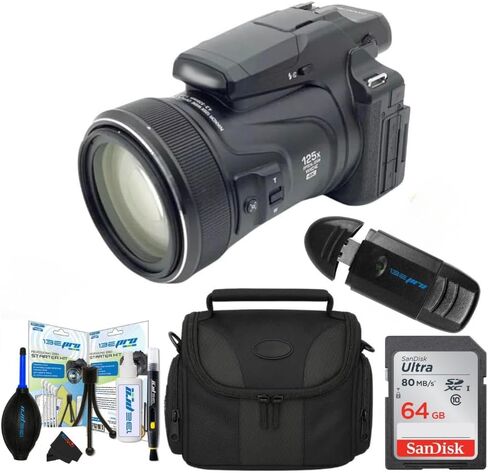 كاميرا نيكون COOLPIX P1100 الرقمية باللون الأسود - بطاقة ذاكرة SD سعة 64 جيجابايت، حقيبة أدوات متوسطة، منفاخ، قارئ بطاقات، قطعة قماش للتنظيف، مجموعة أدوات للمبتدئين (حزمة ملحقات من 7 قطع) (متجددة) in Kuwait